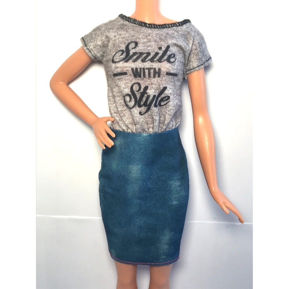 Barbie Doll Clothing Fashionistas Denim Skirt Gray Top "Smile With Style" Dress